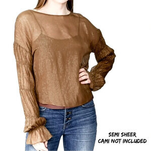 Amanda Uprichard Silk Blouse. Harvest Brown Metallic Gold. Semi Sheer.